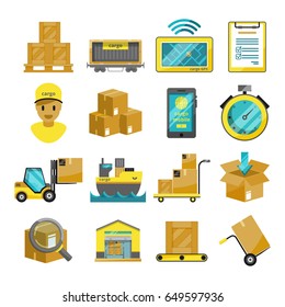 Container boxes, trucks, ships and other cargo icons. Vector illustrations