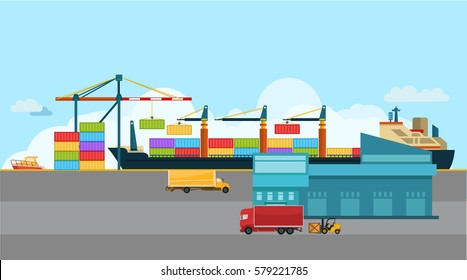 Container Cargo freight ship with working crane bridge in shipyard