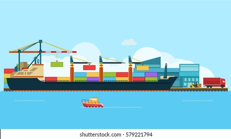 Container Cargo freight ship with working crane bridge in shipyard at dusk for Logistic Import Export