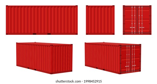 Container cargo. Red container front, side and perspective view, transportation delivery freight, international logistic shipping industry collection. Vector isolated on white illustration