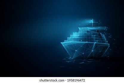 Container cargo ship boat in the sea. Logistics import, export, shipping or transportation concept background. Low poly, geometric, wire, Particles, lines, and triangles outline