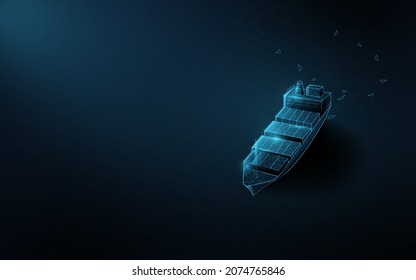 A container cargo ship. Business trade logistics and transportation. Cargo ship boat. Low polygon line, triangles, and particle style design. Abstract geometric wireframe light connection structure