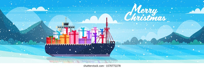 container cargo ship with gift present boxes logistic sea ocean transportation concept christmas new year winter holidays celebration greeting card horizontal vector illustration