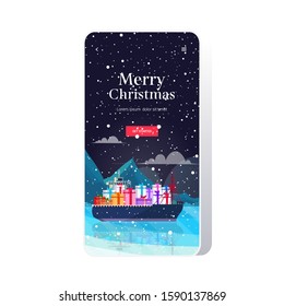 container cargo ship with gift present boxes logistic sea ocean transportation concept christmas new year winter holidays celebration smartphone screen online mobile app greeting card vector