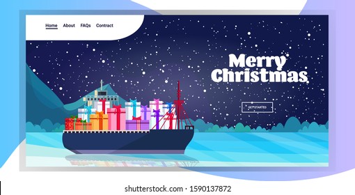 container cargo ship with gift present boxes logistic sea ocean transportation concept christmas new year winter holidays celebration greeting card horizontal vector illustration