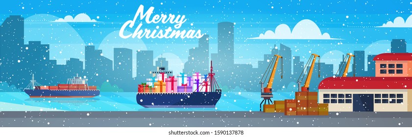 container cargo ship with gift present boxes logistic ocean transportation sea port concept christmas new year winter holidays celebration greeting card horizontal vector illustration