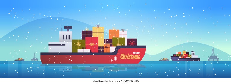 container cargo ship with gift present boxes logistic transportation concept christmas new year winter holidays celebration flat horizontal vector illustration