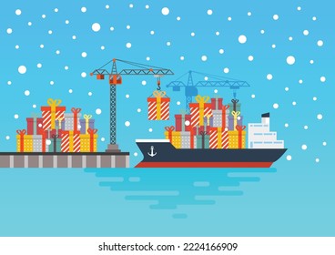 Container cargo ship with gift present boxes at harbour port. Vector illustration