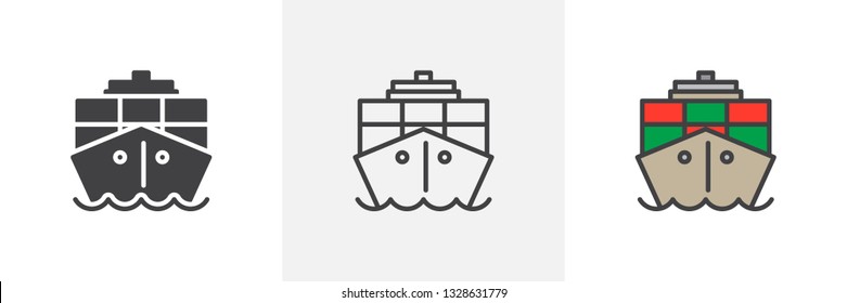 Container, cargo ship icon. Line, glyph and filled outline colorful version, Ship boat outline and filled vector sign. Symbol, logo illustration. Different style icons set. Pixel perfect vector 