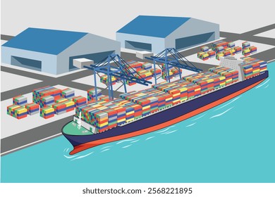 Container cargo ship at International commercial sea port with cranes and warehouses. Global business import export commercial trade logistic container cargo freight shipping. Cargo logistics concept.