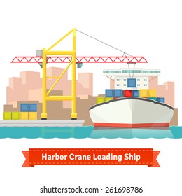 Container cargo ship loaded by big harbour crane in the town port. Naval transportation concept. Vector flat style illustration. svg