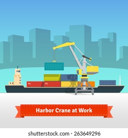 Container cargo ship loaded by harbor crane in the town port dock. Naval transportation concept. Vector flat style illustration.