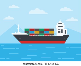 Container cargo ship in the ocean and Sail through the icebergs, Logistics and Transportation concept, Vector, Illustration.