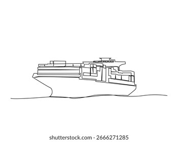 Ilustração do desenho do contêiner do navio de carga. desenho artístico de linha contínua do transporte de navios de carga. Traçado editável.