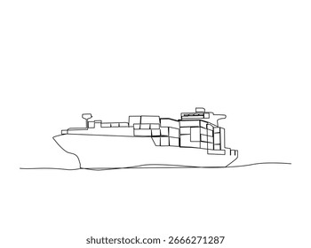 Container cargo ship outline drawing illustration. Continuous line art drawing of cargo ship transportation. Editable stroke.