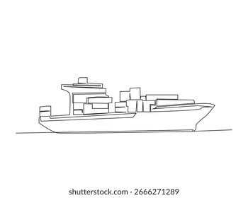 Ilustración de dibujo de esquema de barco de carga de contenedor. Dibujo continuo del arte de la línea del transporte del buque de carga. Trazo editable.