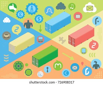 Container cargo shipment concept with tech icons, with infographics elements and grunge texture.