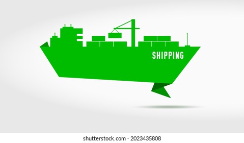 Container cargo shipping. Sea freight industrial marine vessel. Maritime merchant marine shipping. Sea transportation paper cut ribbon banner. Flat vector illustration isolated on white background.
