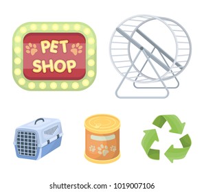 Container for carrying animals and other attributes of the zoo store. Pet shop set collection icons in cartoon style vector symbol stock illustration web.