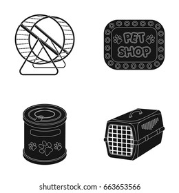 Container for carrying animals and other attributes of the zoo store. Pet shop set collection icons in black style vector symbol stock illustration web.