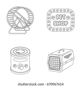 Container for carrying animals and other attributes of the zoo store. Pet shop set collection icons in outline style vector symbol stock illustration web.