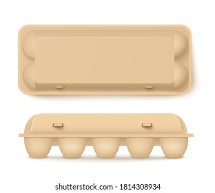 Container chicken eggs brown cardboard packaging 3d mockup. Special package for retailing in shops template, realistic vector illustration white background