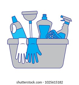 container with cleaning supplies gloves plunger sponge spary bottle and detergent