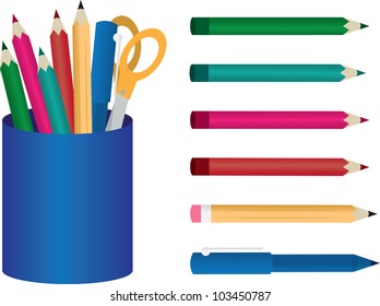 Container with colored pencils, pens and scissors