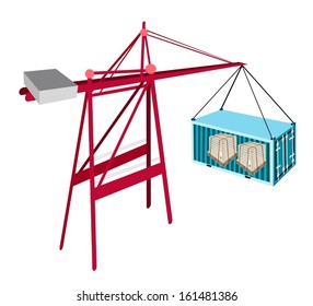 A Container Crane Lifting A Blue Freight Container To A Ship, Container Crane Is A Heavy Machine for Loading and Unloading Container from Container Ship. 