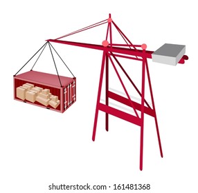 A Container Crane Lifting A Red Freight Container To A Ship, Container Crane Is A Heavy Machine for Loading and Unloading Container from Container Ship. 