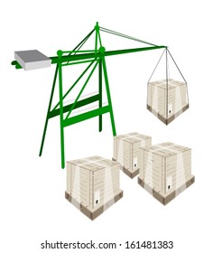 A Container Crane Lifting A Wooden Crate Or Cargo Box From Stack, Preparing For Shipment. 