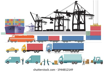 Container crane, logistics and port with container ship, truck dispatch and freight train