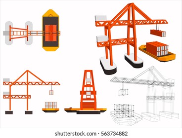 Container crane with ship in port and large port crane,for graphic art design or website layout vector