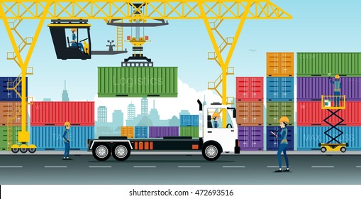 Container Cranes have delivery trucks at the warehouse.