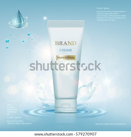 Container with cream on a background of water with a splash. Stock vector illustration