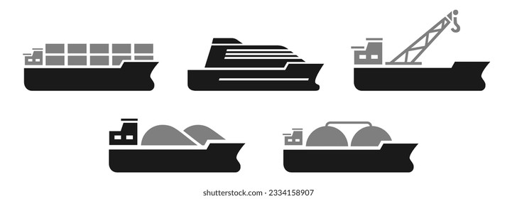 Container cruise vessel crane coal gas transport  boat shipping industry icon set collection flat simple 