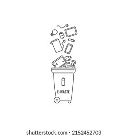 Container dumpster with e-waste electronic garbage sorting and recycling. Vector black white contour doodle isolated illustration.