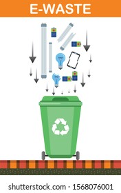 Container with e-waste trash on color background. Plastic green container for e-waste trashes