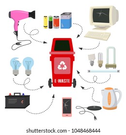 Contenedor con basura electrónica sobre fondo blanco. Ecología y concepto de reciclaje. Ilustración vectorial.