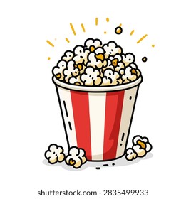 A container filled with buttered popcorn sits in the center. The container has red and white stripes. Popcorn kernels scatter around the base of the container. The background is plain and white. This graphic shows a colorful representation of a popular snack, often enjoyed at movie theaters or parties. The popcorn appears fresh and fluffy, inviting onlookers to enjoy a tasty treat during a fun time