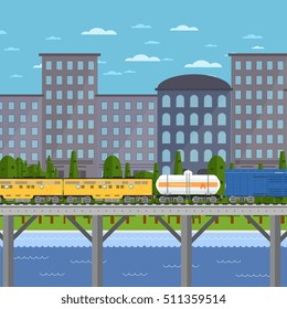 Container freight train moving on bridge on background of cityscape vector illustration. Logistics railway transport design. Side view of powerful diesel locomotive. Cargo train on railroad.