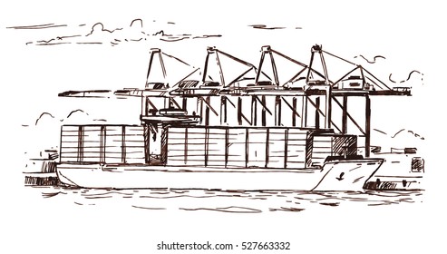 Container Gantry Cranes and Big Container Vessel in dock. Sketch