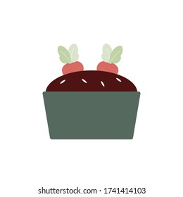 Container gardening concept.Vegetables planted to pot.Growing radish.Flat vector illustration.
