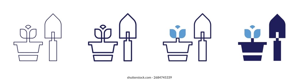 Ícone de jardinagem do recipiente em 4 estilos diferentes. Linha Fina, Linha, Linha Negrito, Duotônico. Estilo duotônico. Traçado editável.