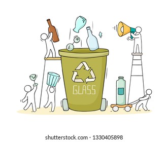 Container for glass garbage. Cartoon trash can forglass products with people. Doddle vector illustration isolated on white.