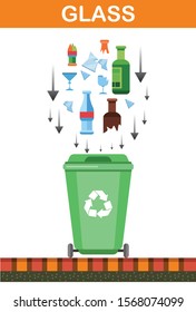 Container with glass trash on color background