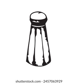 Container with ground pepper. Kitchen equipment rendered in vector. Pepper mill and seasoning for ready meals drawn with a black outline. Suitable for kitchen design, fabric, tableware.