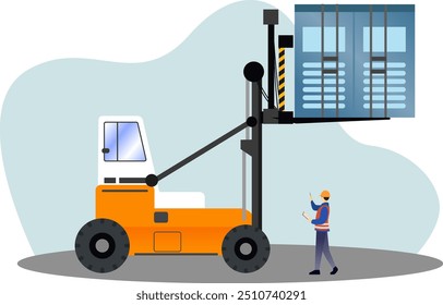 Container handler forklift lifting heavy cargo container vector illustration, transportation industry concept, heavy equipment for export-import, 