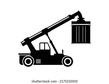 Container handler forklift lifting container. Simple illustration in black and white.
