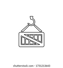 Container hanging on crane hook icon. Cargo shipping sign. Flat design style.